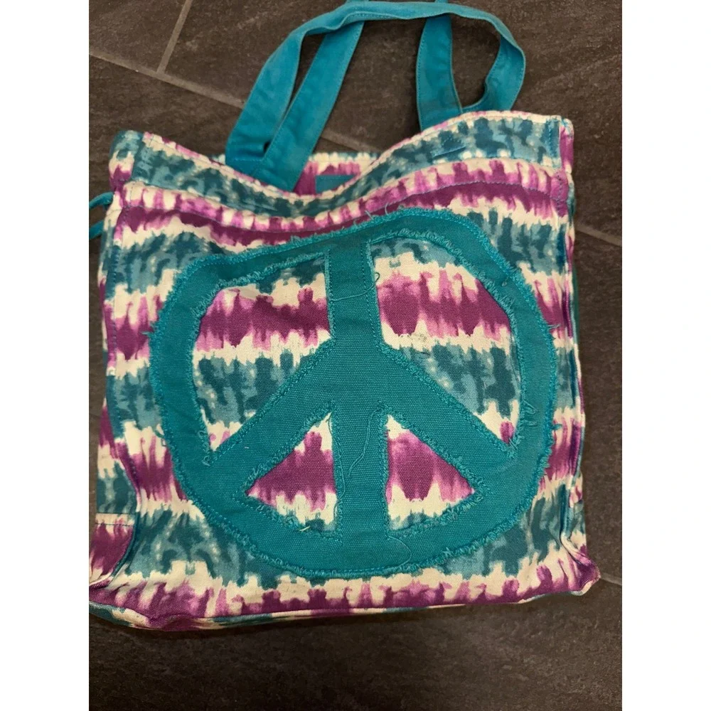 Tie Dye Peace Sign Canvas Tote Bag Purple Teal Boho Hippie Shoulder Bag
